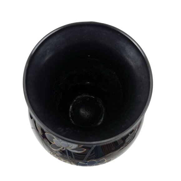 Black Painted Glass Vase Etched Lotus Floral Gold Detail Asian Art Style 10in - Picture 6 of 10